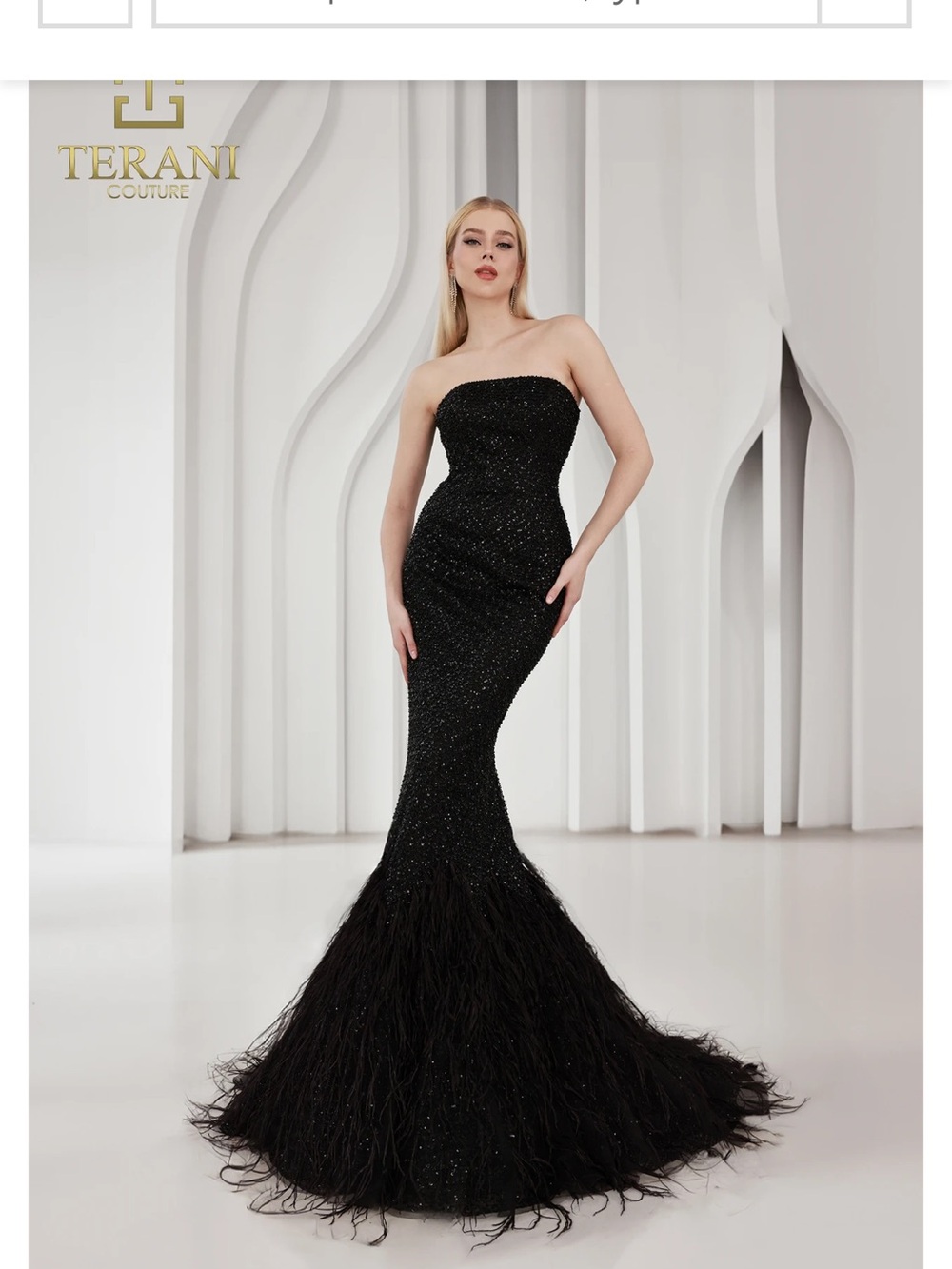 NWT Terani Couture Strapless Black Feathered Mermaid Gown